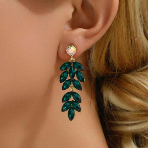 Earrings Green Leaf Stones