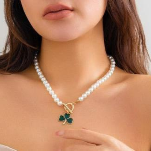 Pearls W Green Flower Necklace