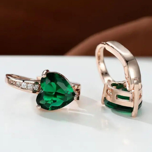 Earrings Elegant Gold Heart Zircon Green