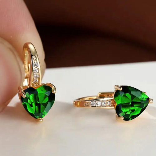 Earrings Elegant Gold Heart Zircon Green