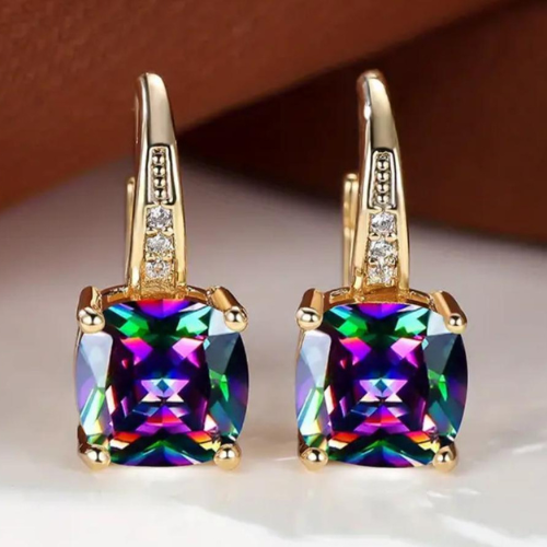 Earrings Elegant Gold Square Zircon Multi Colors