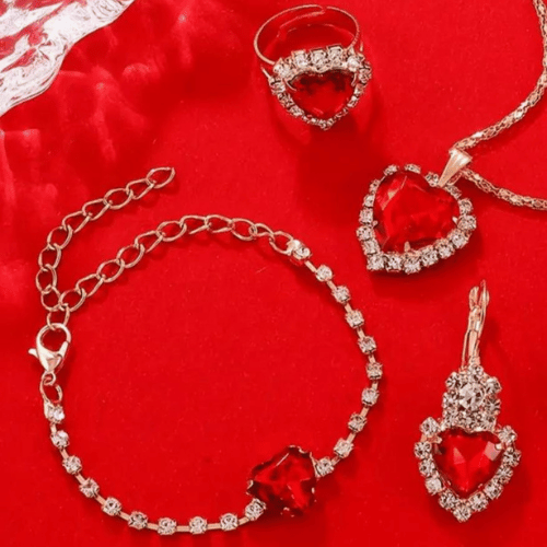 Collana + Orecchini + Bracciale + Anello Cuore Gioielli Regolabili