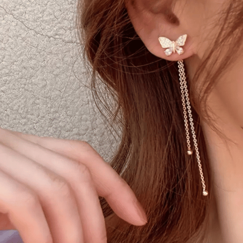 Butterfly Stud Earrings With Long Tassel Rhinestones