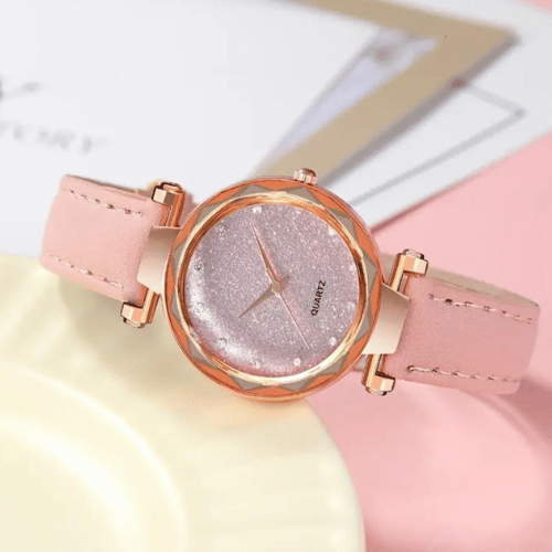 Orologio in pelle rosa oro rosa con strass (con batteria)