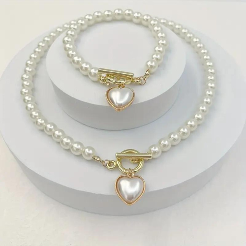 Pearl Set With Heart (Necklace & Bracelet)