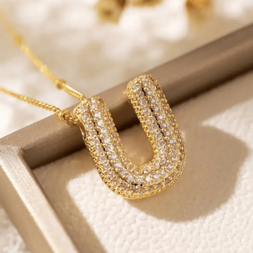 Luxury Alphabet Necklace Letter U with Zircon