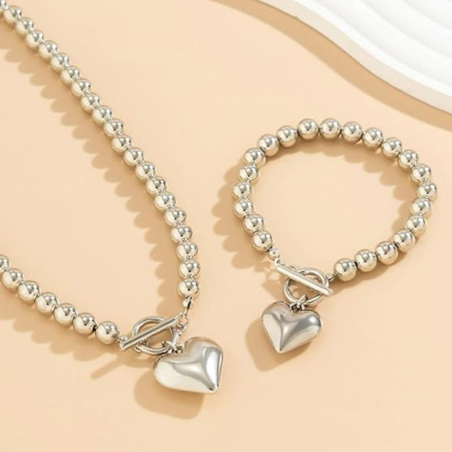 Silver Pearls With Heart Set (Necklace And Bracelet)