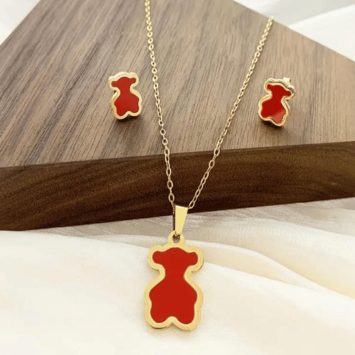 Inspiração Tous Bear Conjunto Dourado Vermelho