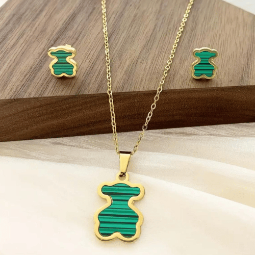 Inspiração Tous Bear Conjunto Dourado Verde