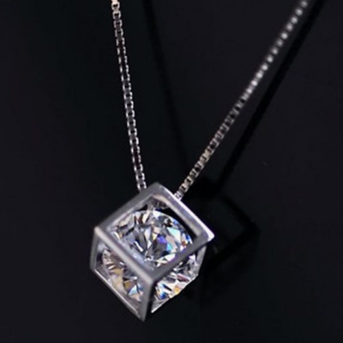 Silver Necklace Crystal Cube