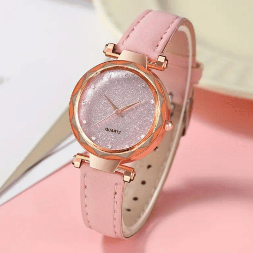 Orologio in pelle rosa oro rosa con strass (con batteria)