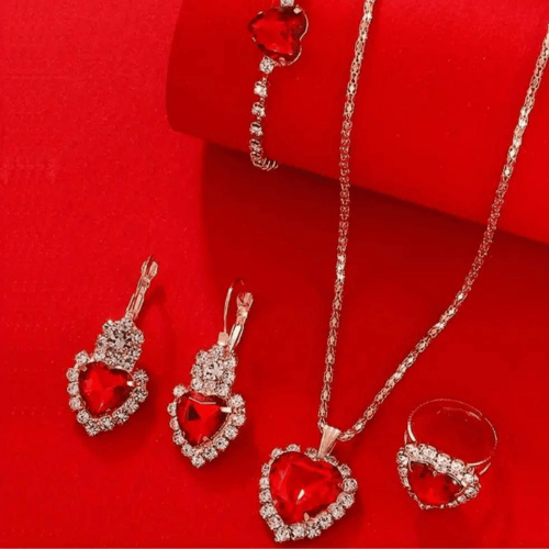 Collana + Orecchini + Bracciale + Anello Cuore Gioielli Regolabili