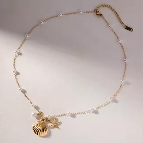 Necklace Golden Star And Shell With Pearls