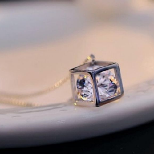 Silver Necklace Crystal Cube