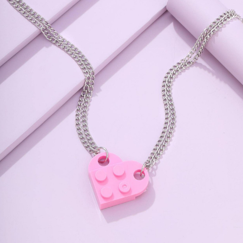 Silver Necklace Pink Lego Heart