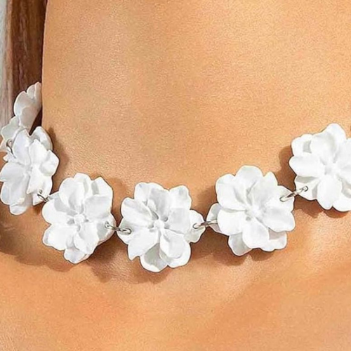 Silver Necklace White Flowers