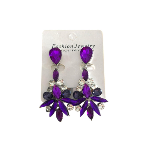 Silver Crystal Purple Flower Earrings