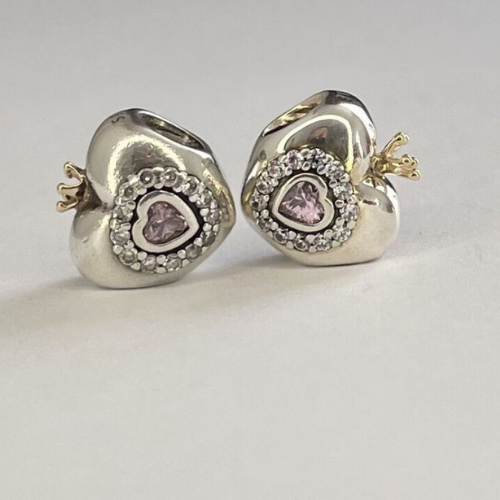 Silver Heart Charm with Pink Stones and Crown