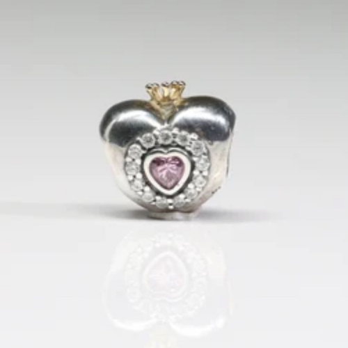 Silver Heart Charm with Pink Stones and Crown