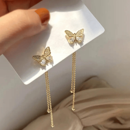 Butterfly Stud Earrings With Long Tassel Rhinestones