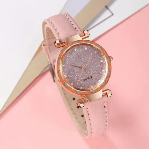 Orologio in pelle rosa oro rosa con strass (con batteria)