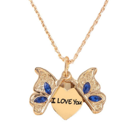 Golden Necklace Butterfly Blue