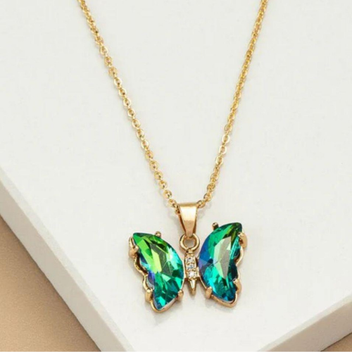 Golden Necklace Blue Green Butterfly