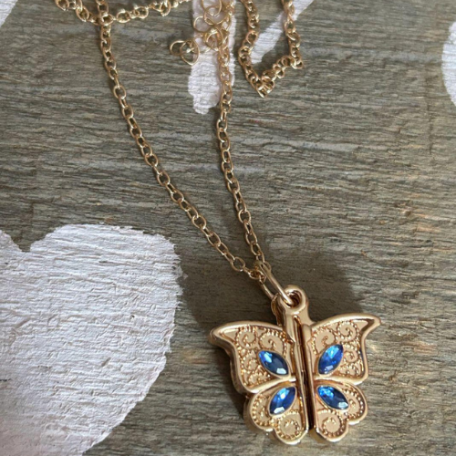 Golden Necklace Butterfly Blue