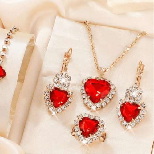 Elegante set di gioielli a forma di cuore, con strass scintillanti, collana, orecchini, bracciale e anello regolabile