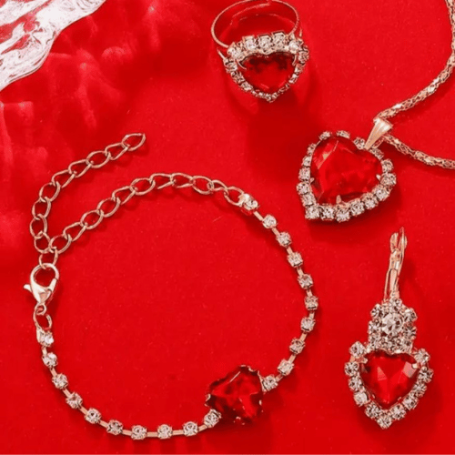 Elegante set di gioielli a forma di cuore, con strass scintillanti, collana, orecchini, bracciale e anello regolabile