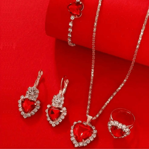 Elegante set di gioielli a forma di cuore, con strass scintillanti, collana, orecchini, bracciale e anello regolabile